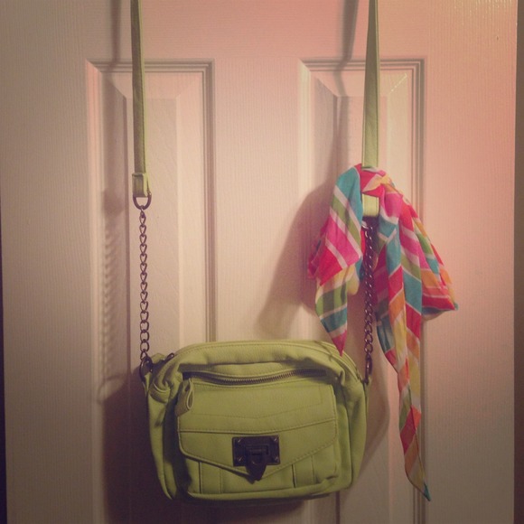 Lime green cross body with colorful scarf