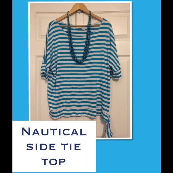 Striped turquoise and white side tie top