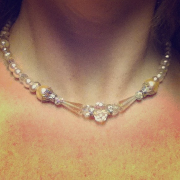 Soft peach crystal and pearl necklace.
