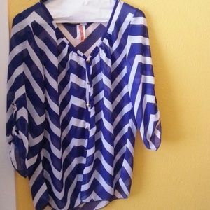 Sheer blue & white chevron blouse 3/4 sleeve NWOT