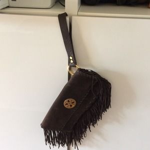 Tory Burch brown suede fringe clutch