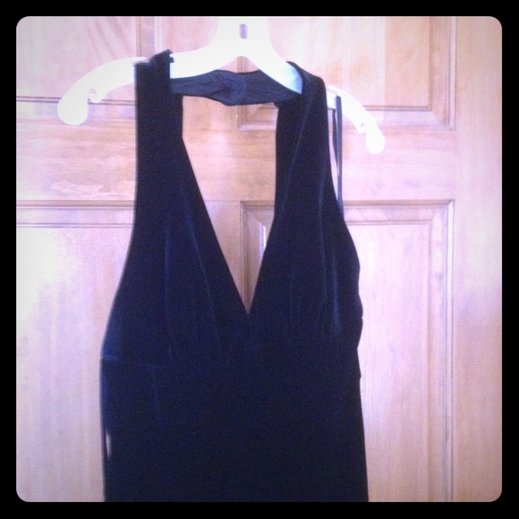 BCBG black stretch velvet gown with halter top