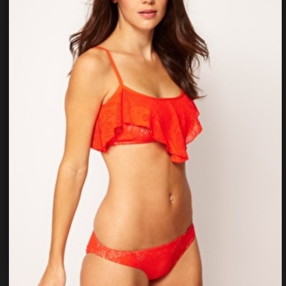 Bright orange ASOS crochet ruffle bikini