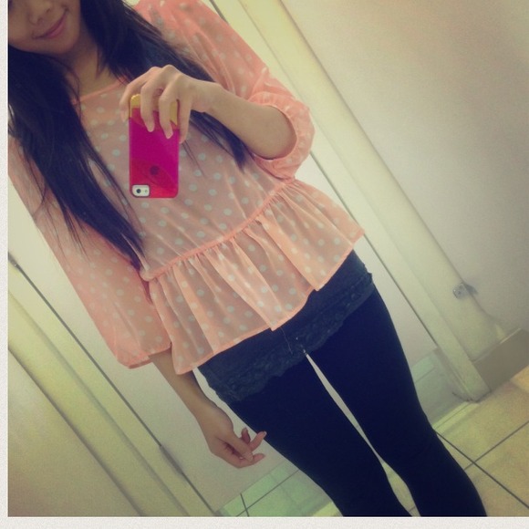 Peach Polka Dot Peplum Chiffon Blouse - Picture 2 of 3