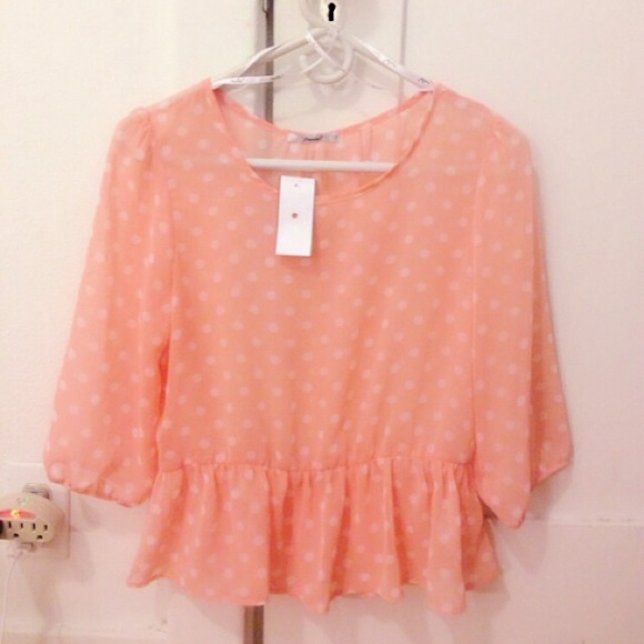Peach Polka Dot Peplum Chiffon Blouse - Picture 3 of 3