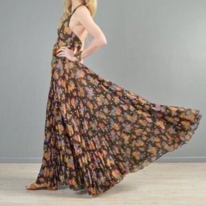 Vtg 70s sheer GAUZE halter pleated maxi dress