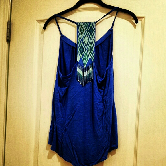 Blue Aztec Tank with Beaded Accent