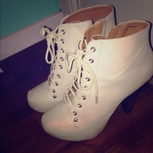 Cream lace up booties