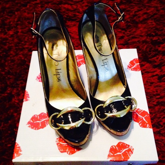 Two Lips Kylie Black Patent Leather Wedge Shoes