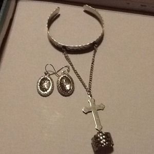 Silvertone Crystal Earrings & Cross Slave Bracelet