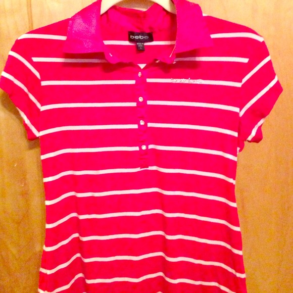 Bebe red shirt with cream stripes, jewel buttons.