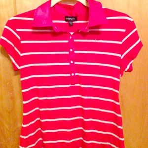 Bebe red shirt with cream stripes, jewel buttons.