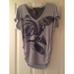 Grey tshirt with black flowers and lace back