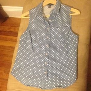 Polka Dot Denim Sleeveless Shirt