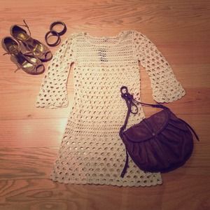 Sz S - Crochet Dress with Trumpet Sleeves
