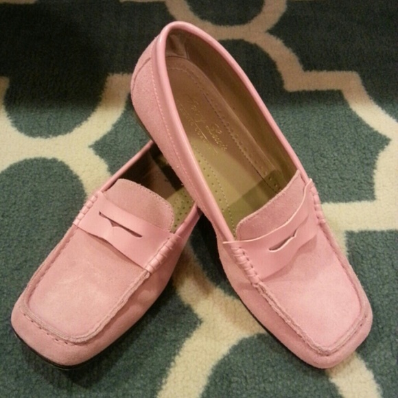 Pink suede penny loafers