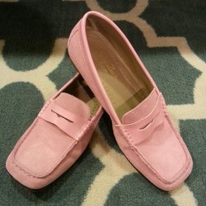 Pink suede penny loafers