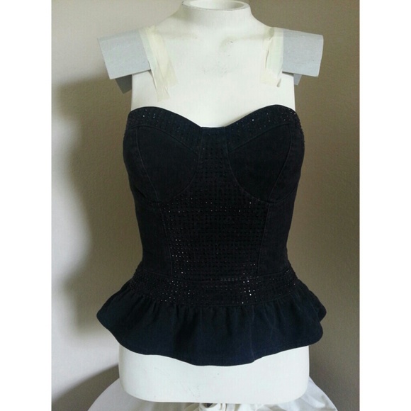 SOLD! Black denim & rhinestone peplum bustier