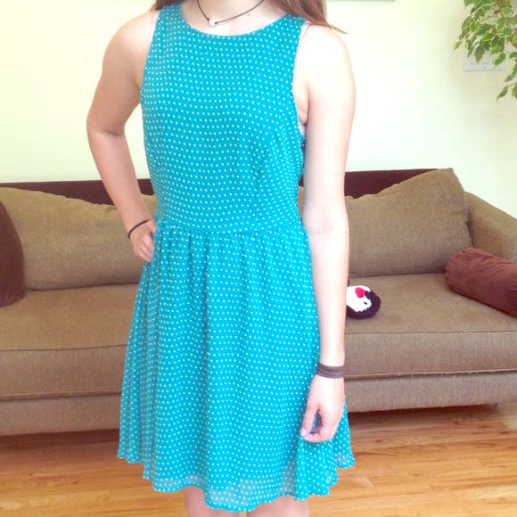 Green-Teal Dress With White Polka Dots