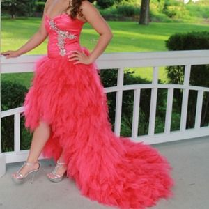 pink feathered high low dress size two.