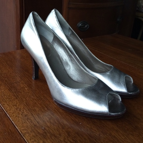 Cole Haan metallic peep toe pumps
