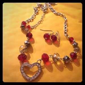 Red and silver heart necklace w/ matching earrings