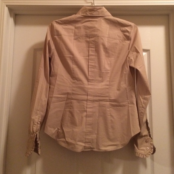 Tan long sleeved button down top w/ ruffle design - Picture 2 of 4