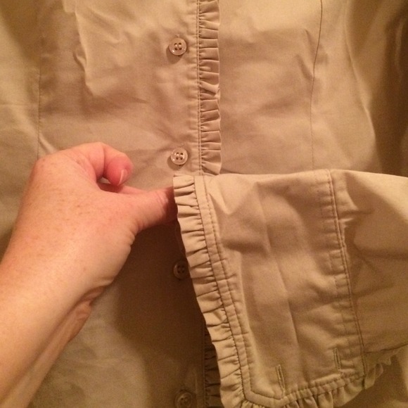 Tan long sleeved button down top w/ ruffle design - Picture 3 of 4