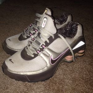 Brown and pink Nike shox