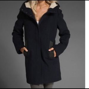 REDUCED**Vince Navy Hooded Leather Patch Coat