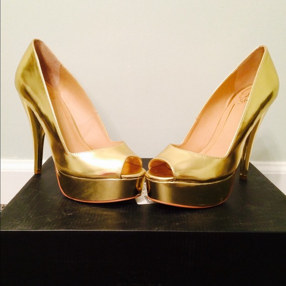 Gold Stacked Peep Toe Heels - Picture 2 of 3