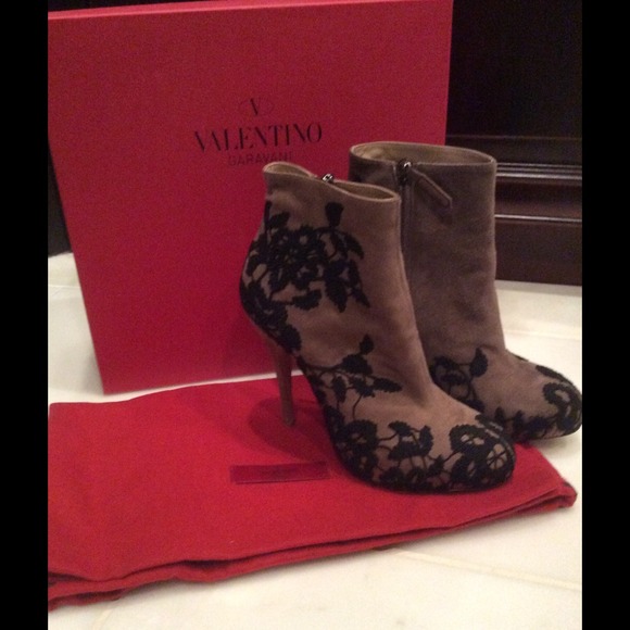 Valentino Brown Suede Booties with Black Lace 36 - Picture 1 of 4