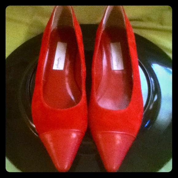 Red suede, leather cap toe flats.