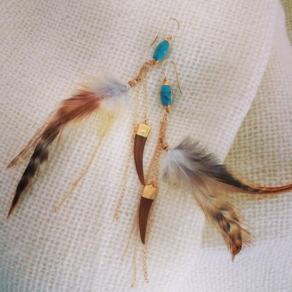 Gold&Turquoise Feather Tusk Earrings