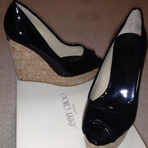 Jimmy Choo Black Patent Leather Papina Wedge Heels