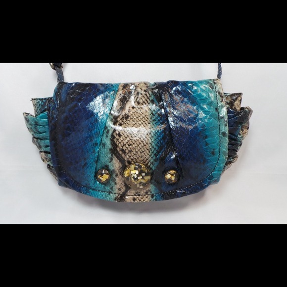 Dyed snake skin cross-over bag/clutch