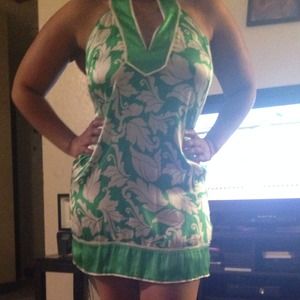 Silk Bebe Green & White Halter Summer Dress