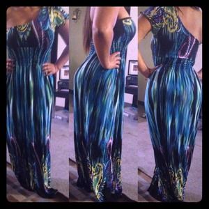 Long Multi-Teal Maxi Dress