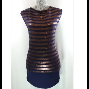 Deep blue w/ bronze sequence jersey dress. Size M