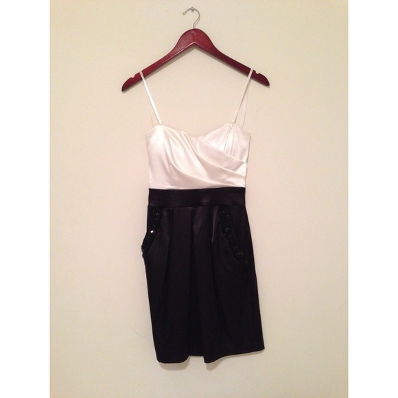 Formal black and white dress with beaded pockets