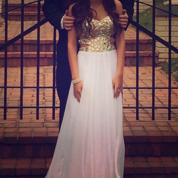 White and Gold Designer Prom Dress