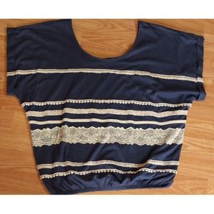 Navy Blue Striped Lace Top