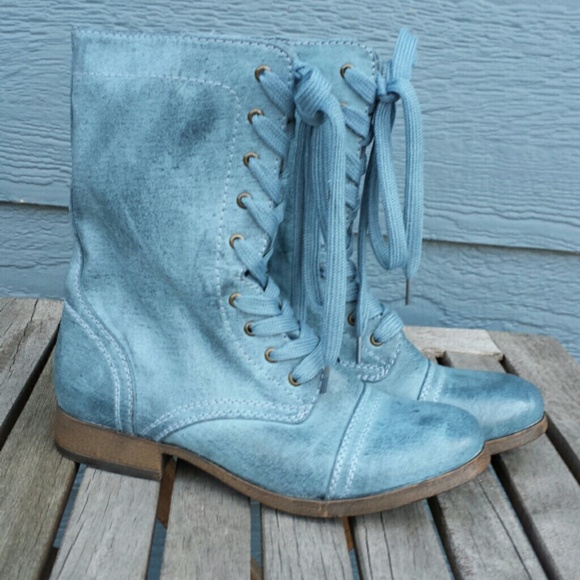 Blue Denim Washed Lace Up Boots