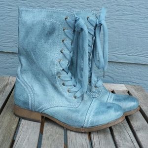 Blue Denim Washed Lace Up Boots