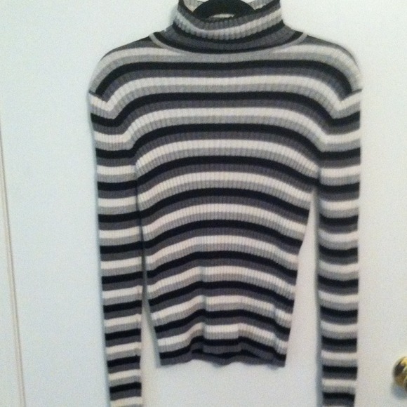 Black, grey, white striped turtleneck