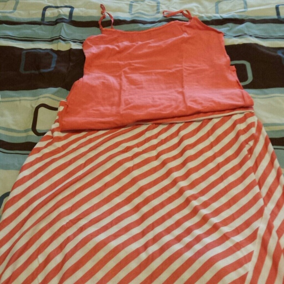 Coral & white striped maxi skirt