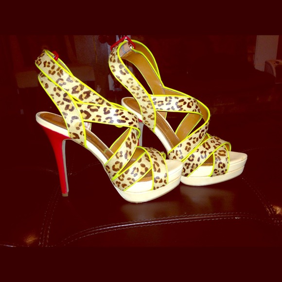 JESSICA SIMPSON EVANGELA RED/LIME & LEOPARD HEELS - Picture 1 of 4