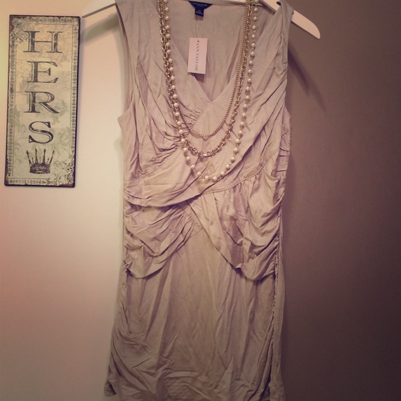 Tan sleeveless rouged v neck Ann Taylor top