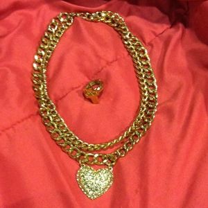 Chunky heart necklace and ring fake gold.