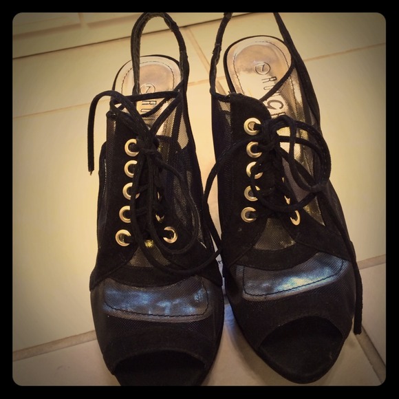 Peep toe lace up and sheer black heels - Picture 1 of 1